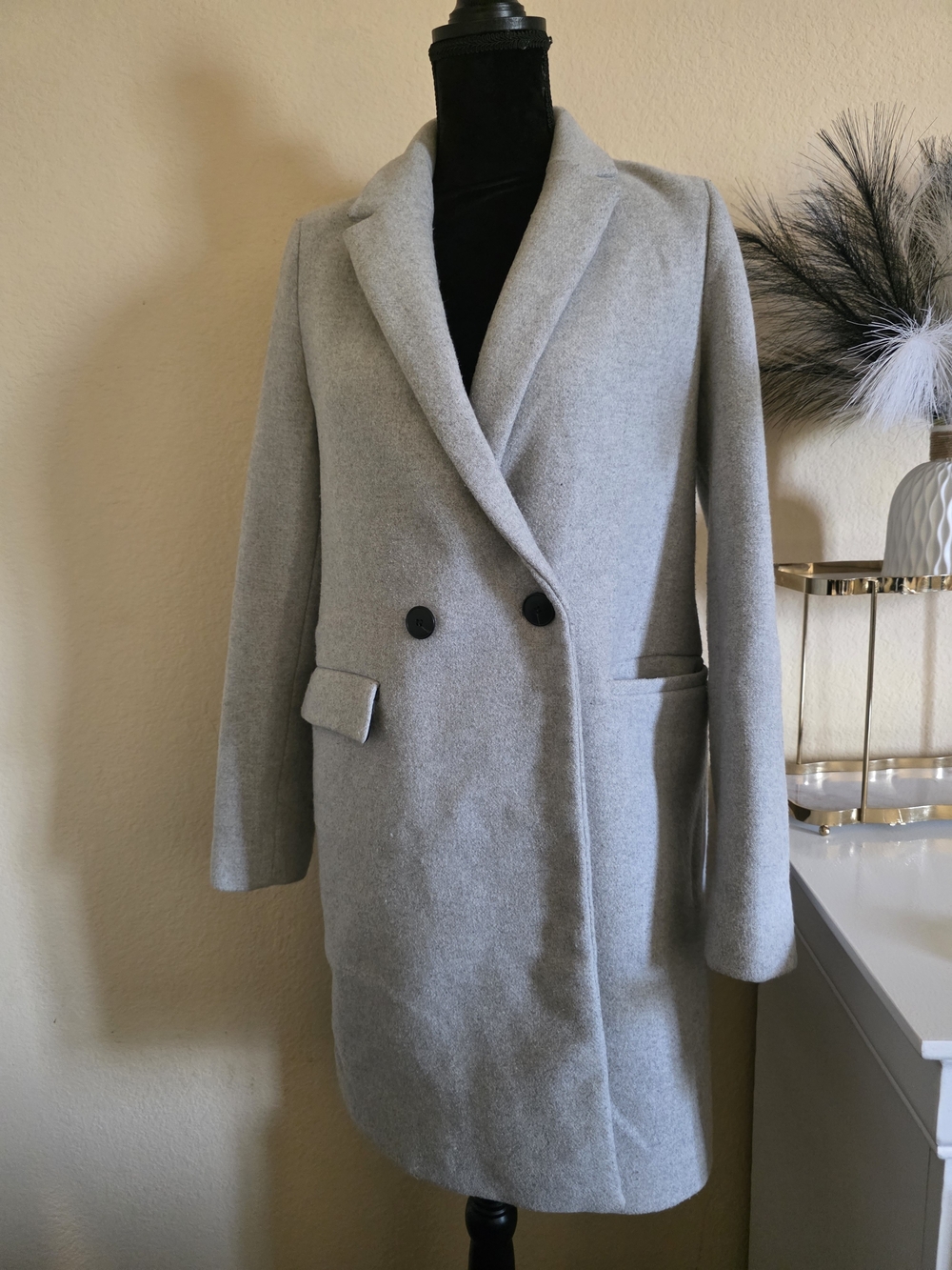 Zara Double-Breasted Light Gray Wool-Blend Pea Coat